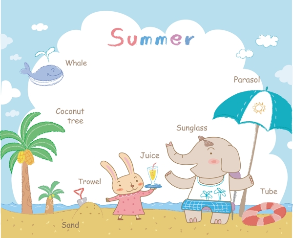 卡通可爱夏天阳光沙滩大象兔子伞