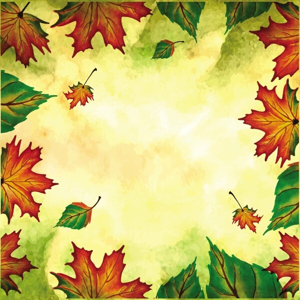 秋天的背景与水彩画的橙色黄色和绿色的叶子