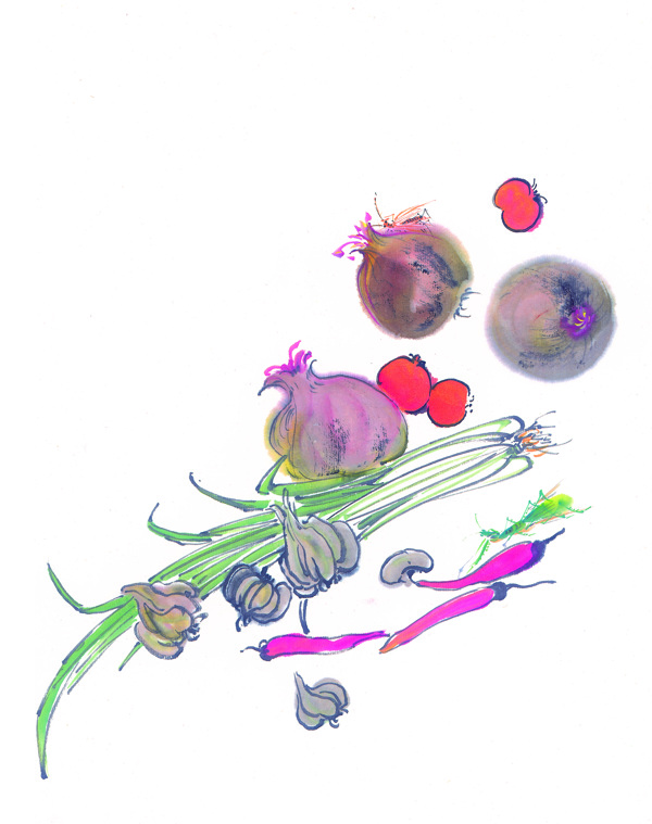 水墨畫中國風(fēng)魚蔬菜籃子中華藝術(shù)繪畫
