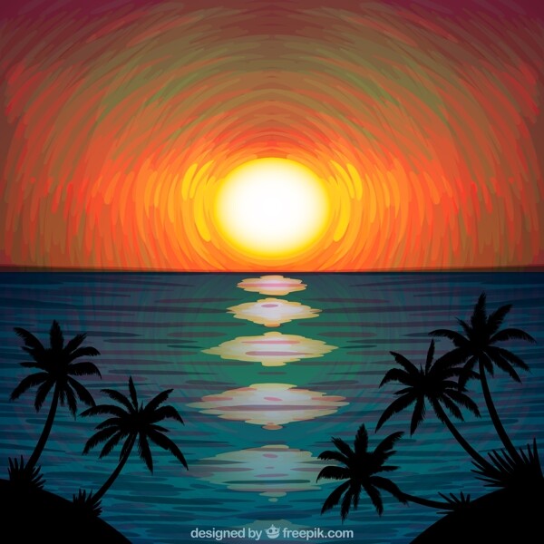 创意海边日落和椰子树风景