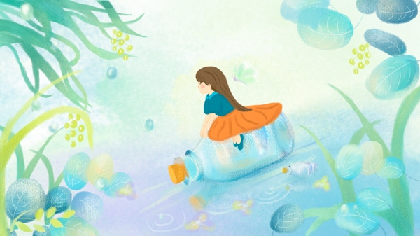 小女孩骑漂流瓶冒险童话色彩小清新插画