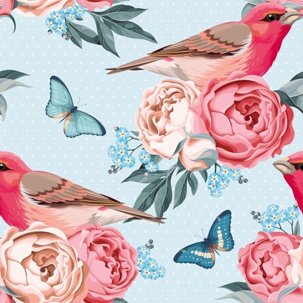 花朵和鸟儿填充背景图案矢量素材