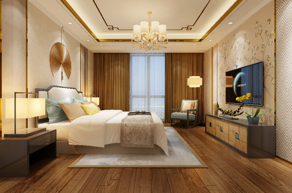 新中式风格时尚温馨卧室效果图