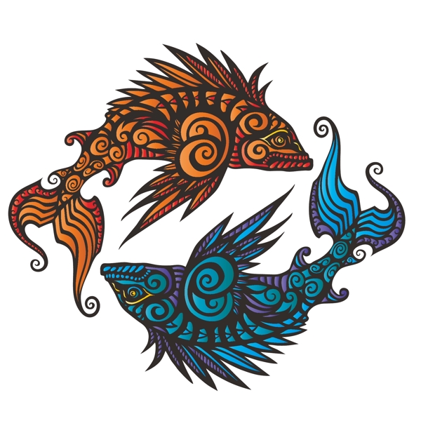 印花矢量圖色彩黃色藍色魚免費素材