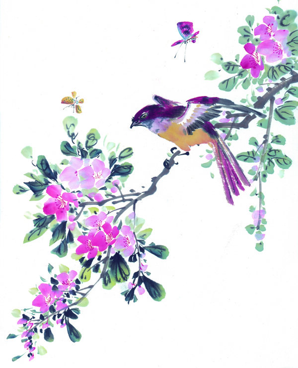 动物油墨画小鸟喜鹊花丛中华艺术绘画