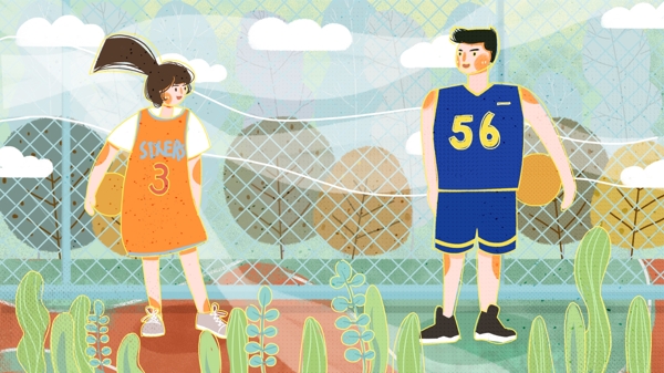 情侣日常操场上拿着篮球的男孩女孩插画
