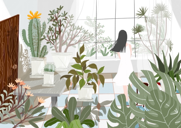 清新少女綠色植物