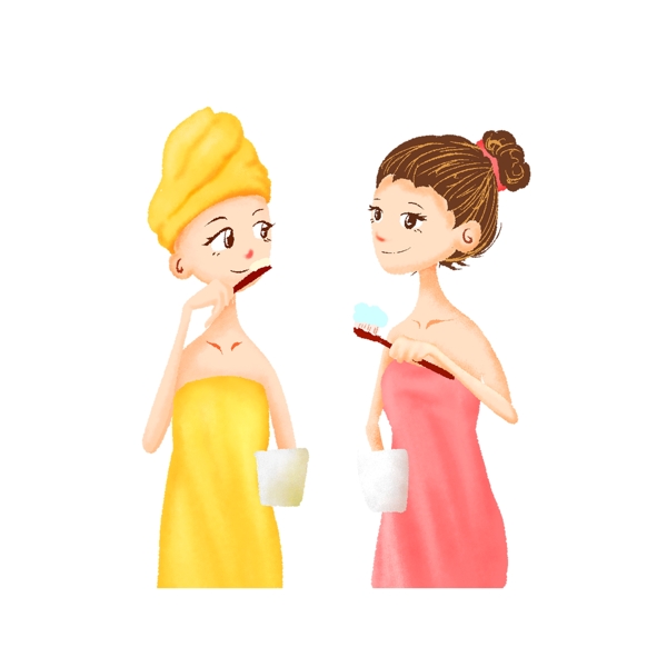 刷牙的女生卡通元素