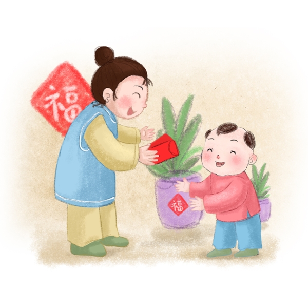 卡通手绘中国娃娃过年红包