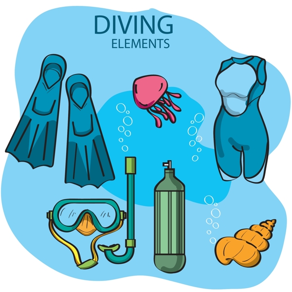 手绘风格潜水运动用品元素