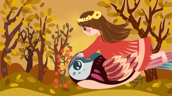 秋渐凉念悠长秋天坐着鸟低飞的女孩清新插画
