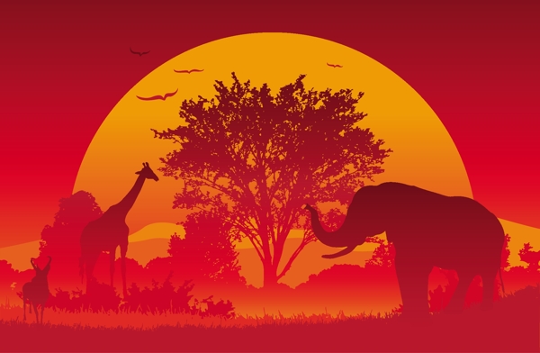 夕陽中動物的矢量素材