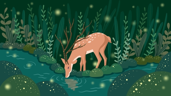 林深见鹿池塘边喝水的鹿萤火虫治愈系插画