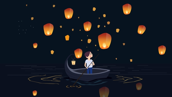 中元节夜晚水面小孩划船放灯祈福插画