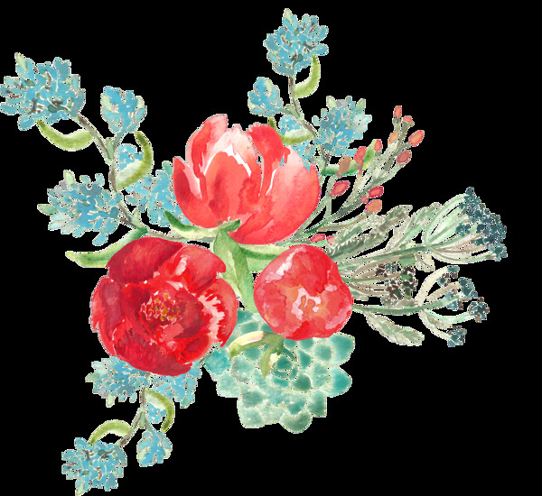 手绘水蓝色叶子搭配红花png透明素材