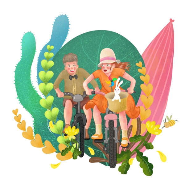 可商用高清手绘两个童儿在骑自行车