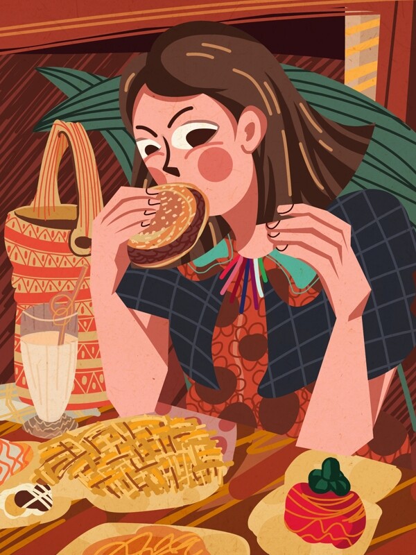粗线条写实主义女孩吃汉堡