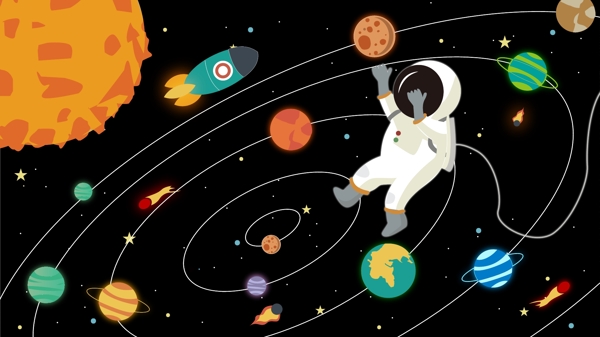 原创手绘插画宇宙探险宇航员在太空探索