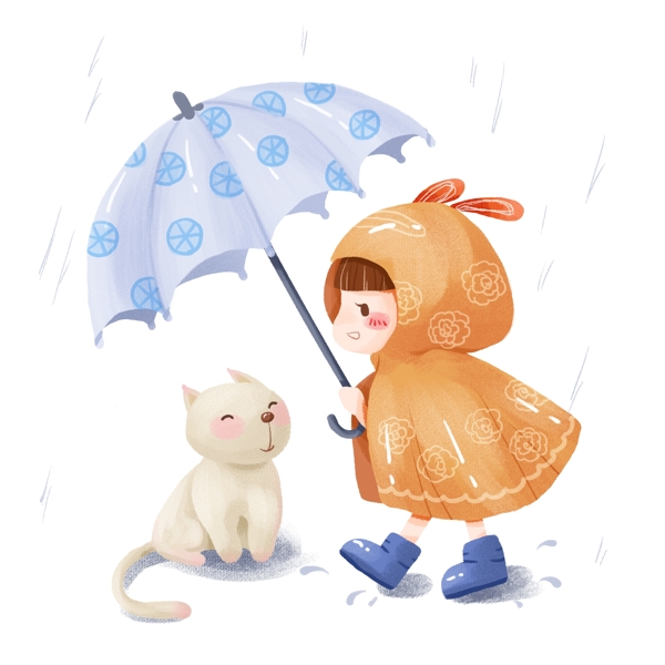 手绘卡通可爱雨天小女孩送伞温馨有爱