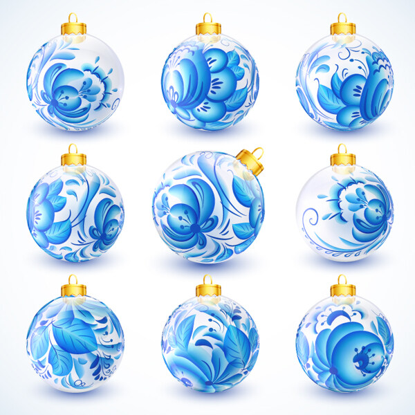 9款蓝色花纹圣诞吊球矢量素材EPS