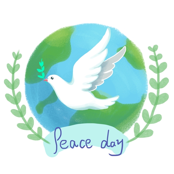 国际和平日手绘小清新鸽子橄榄枝地球插画