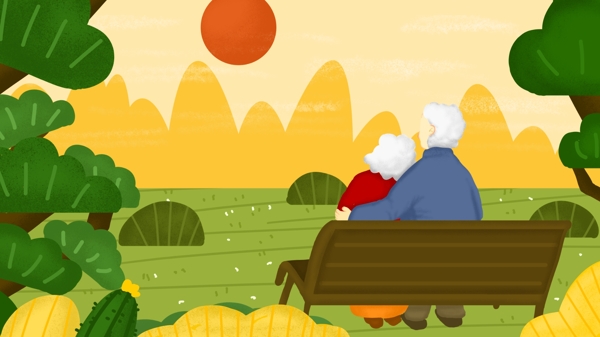 重陽(yáng)節(jié)夕陽(yáng)下老人相伴長(zhǎng)椅小清新插畫(huà)