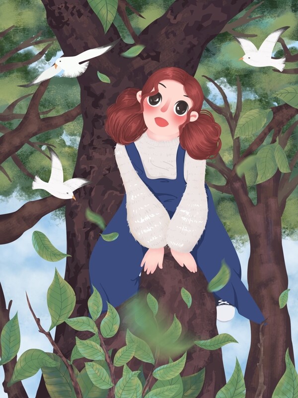 坐在樹上的女孩春天小清新插畫