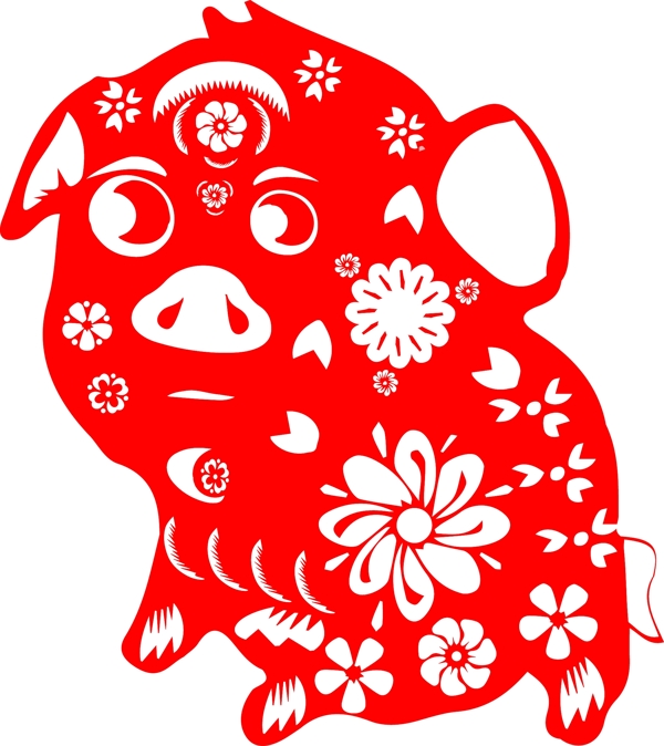 紅色新年喜慶剪紙豬元素