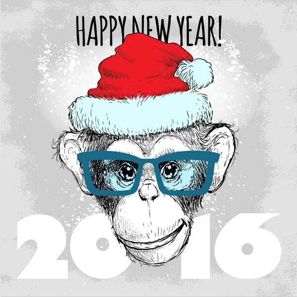 水彩猴子可爱动物圣诞节海报矢量