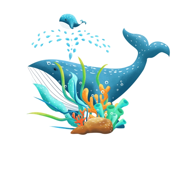 动物鲸鱼亲子海底植物插画png素材元素