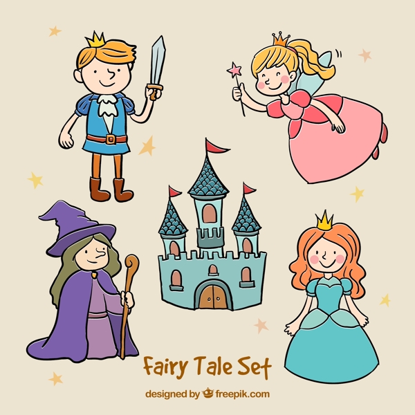 5款彩绘仙女王子城堡童话元素矢量素材
