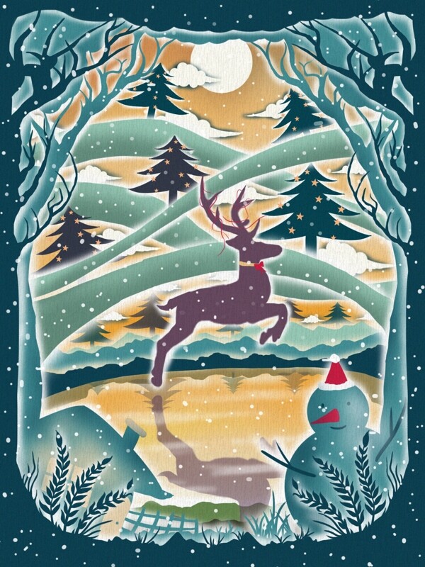 圣诞节之森林中跳跃的小鹿剪纸治愈风插画