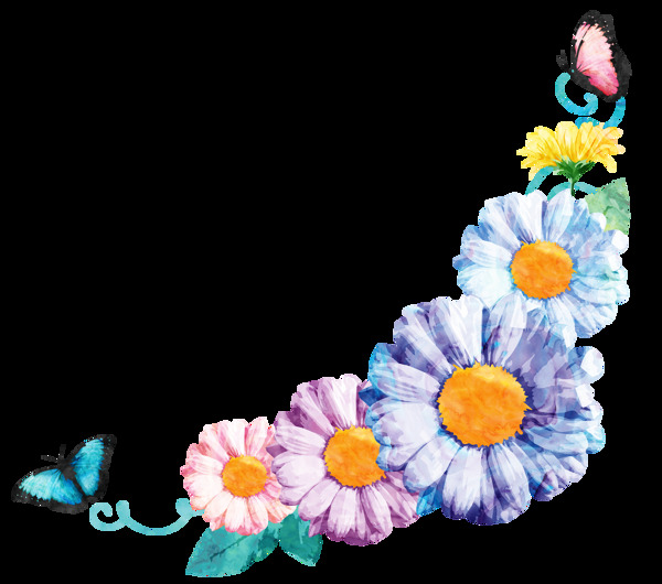 五颜六色花卉卡通水彩透明素材
