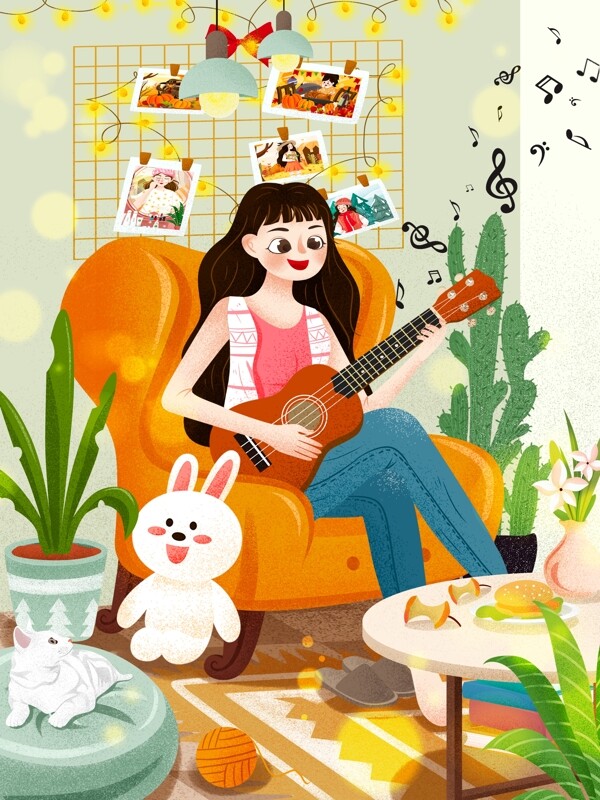 温馨肥仔生活女孩居家弹吉他生活插画