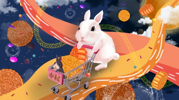中秋节星空云朵隧道里兔兔去月球购物月饼