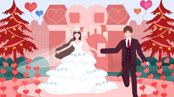 浪漫婚礼季新郎新娘城堡前红色主题婚纱照