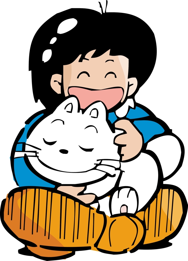 抱著小貓的小男孩插畫
