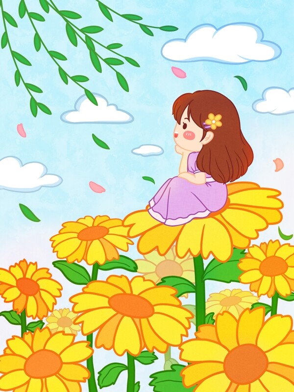 清新唯美三月你好春季可爱女孩手绘插画