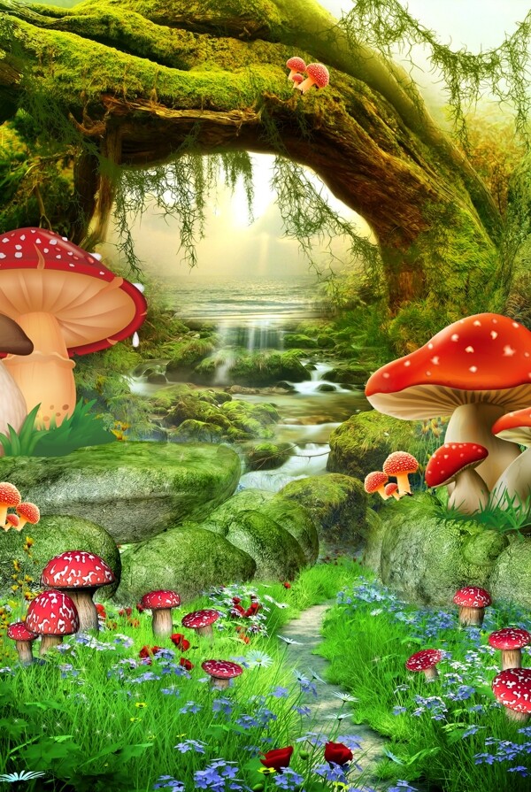 森林蘑菇小溪