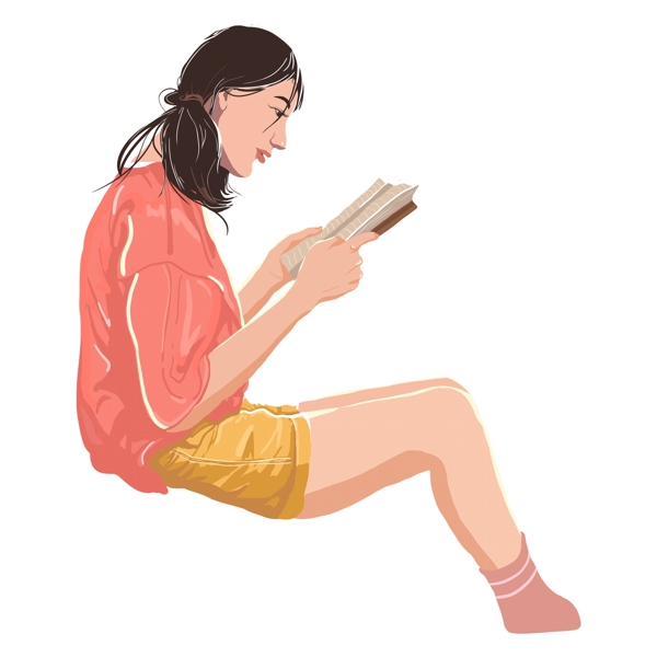 手繪美麗的看書女孩免摳素材