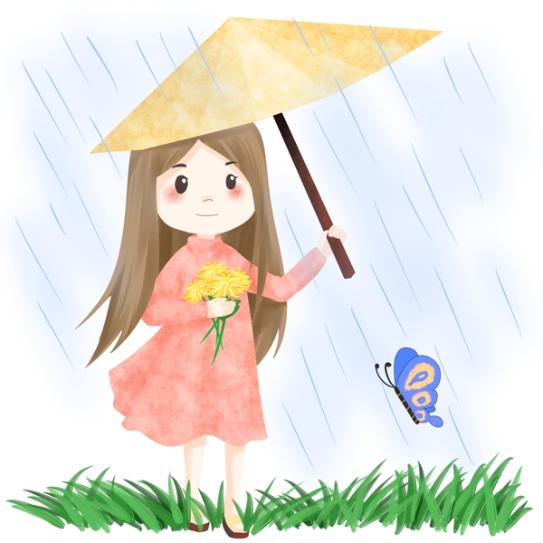 清明节撑伞拿花的女孩插画