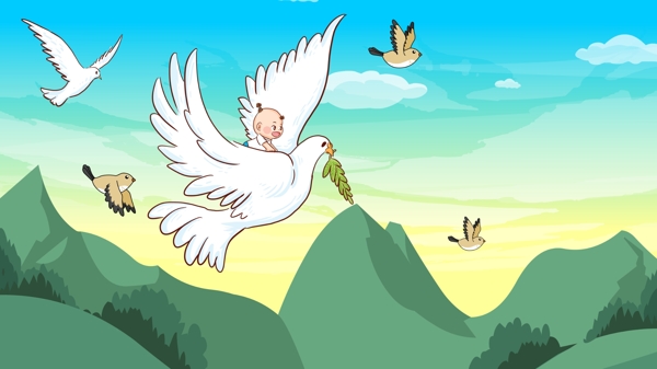 世界旅游日小孩乘着飞鸽悠游世界手绘插画