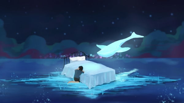 原创晚安你好睡觉鲸鱼治愈梦鲲夜晚清空插画