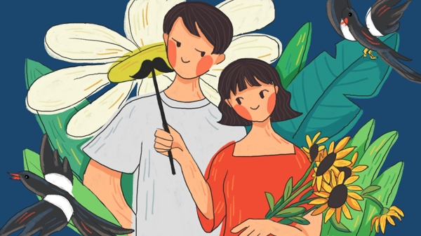 七夕復(fù)古喜鵲植物可愛情侶插畫