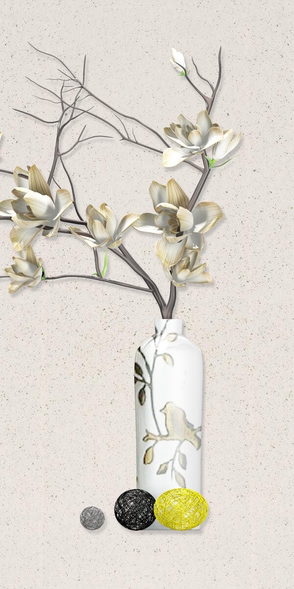 3D立体花瓶玉兰花玄关装饰画