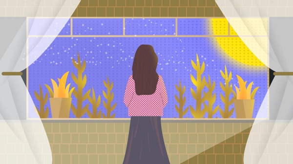 原創(chuàng)小清新午夜之城窗戶女孩插畫