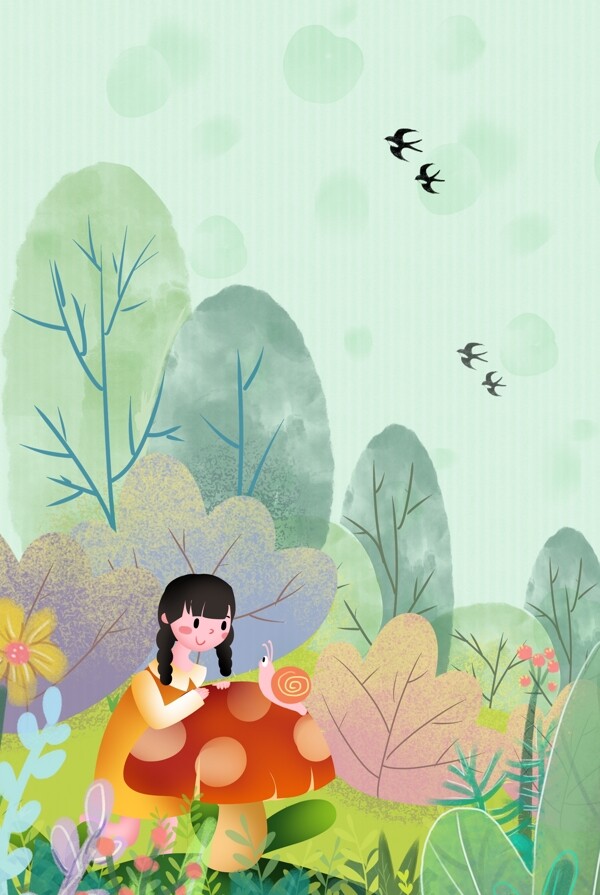 春天山林里的小女孩和小蜗牛