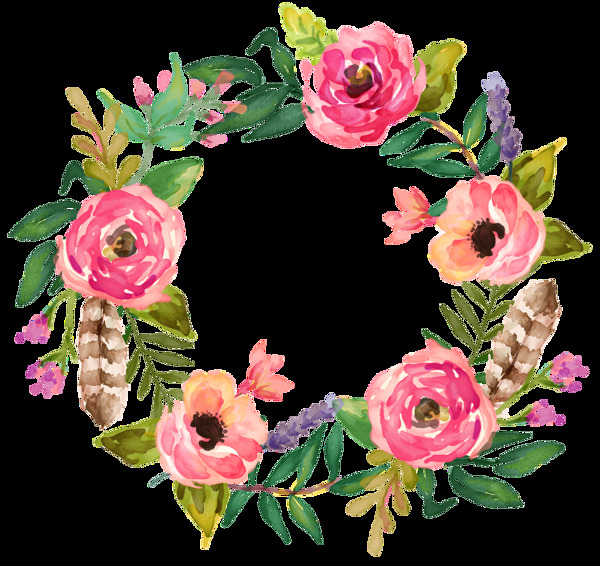 美丽深粉色玫瑰花手绘花环装饰元素