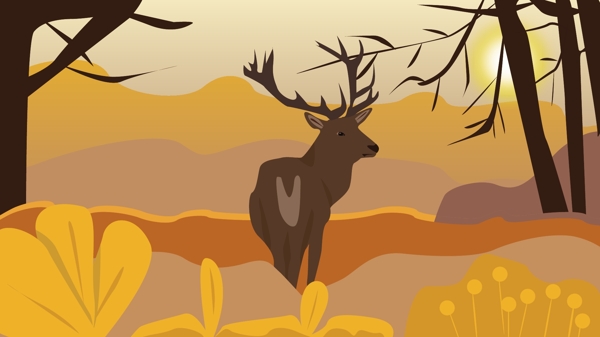 秋日夕阳下的森林与鹿矢量原创插画