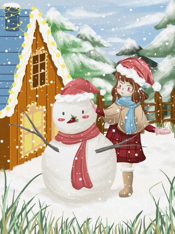堆雪人的小女孩治愈插畫